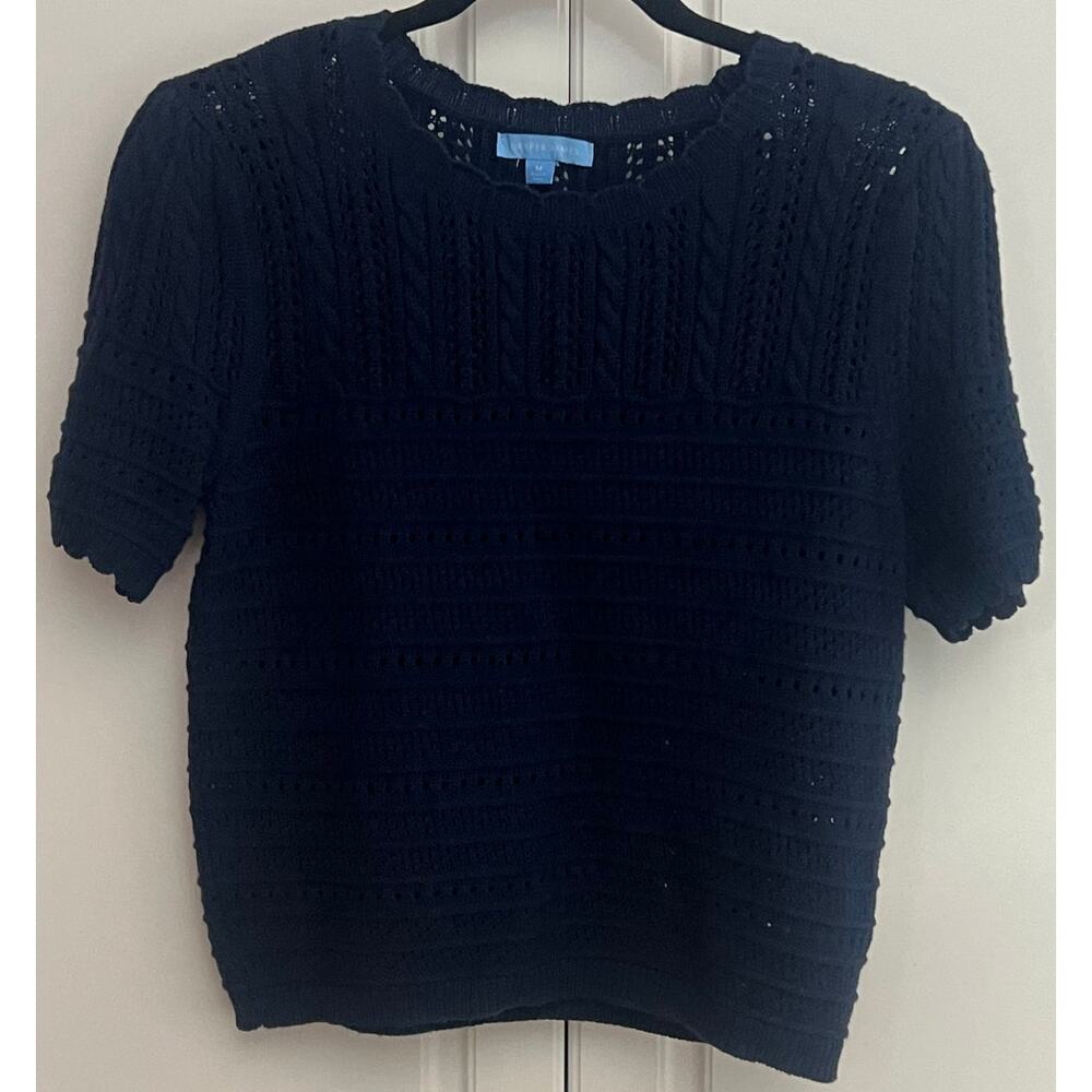 Draper James Short Sleeve Pointelle Sweater in Navy Blue Size M